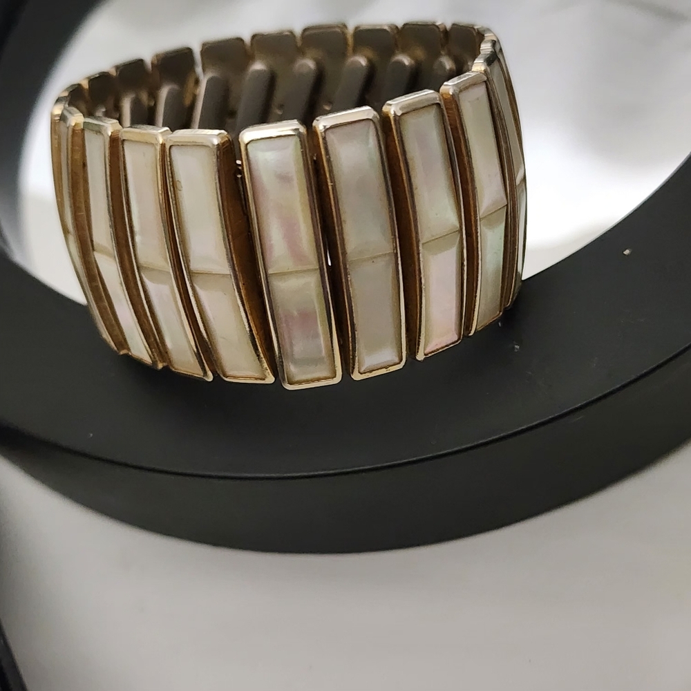 Arpeggio Signed Vtg 50s Bracelet Gold Rectangle MOP Inlay Iradescent Expandable